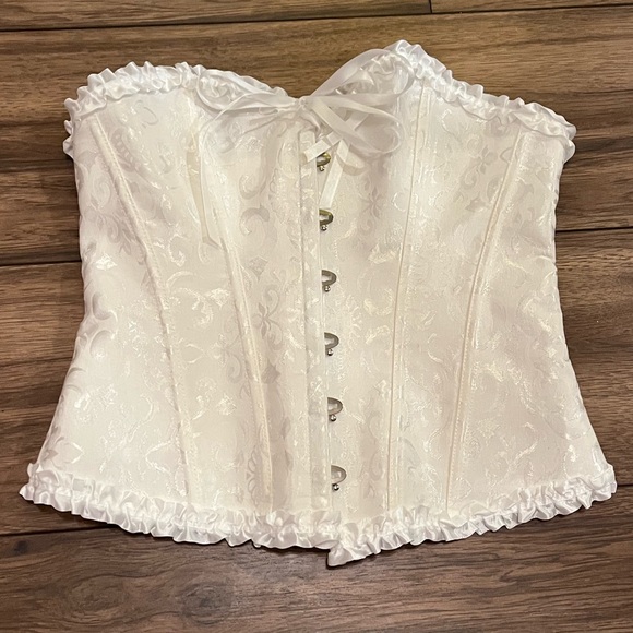 New White Brocade Jacquard Lace Up Corset Bustier Lingerie Shapewear Top - Picture 7 of 11